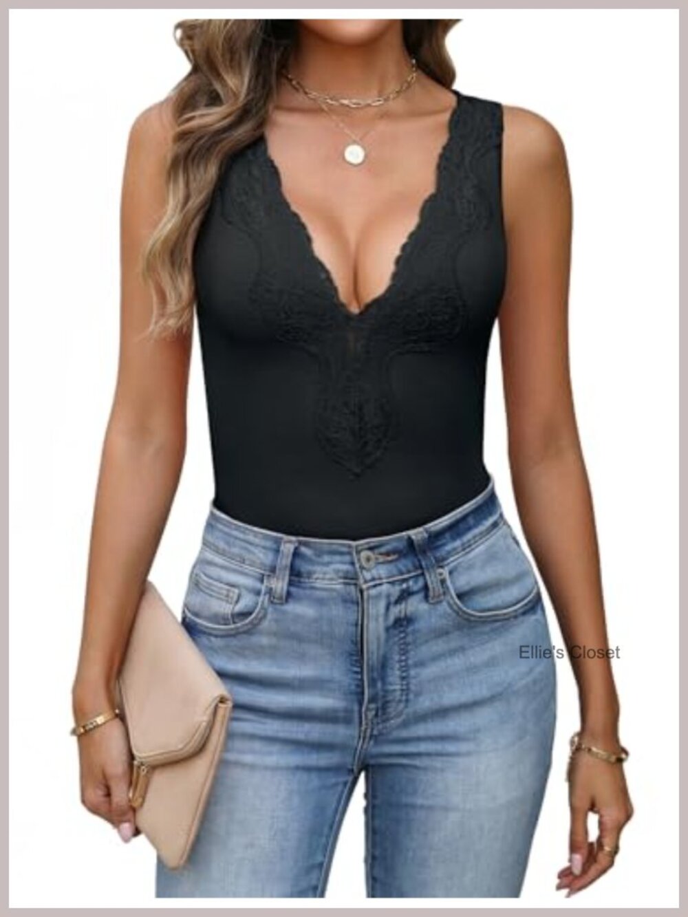 Women's Ribbed Knit Deep V Neck Lace Trim Tank Top Sleeveless Cami
